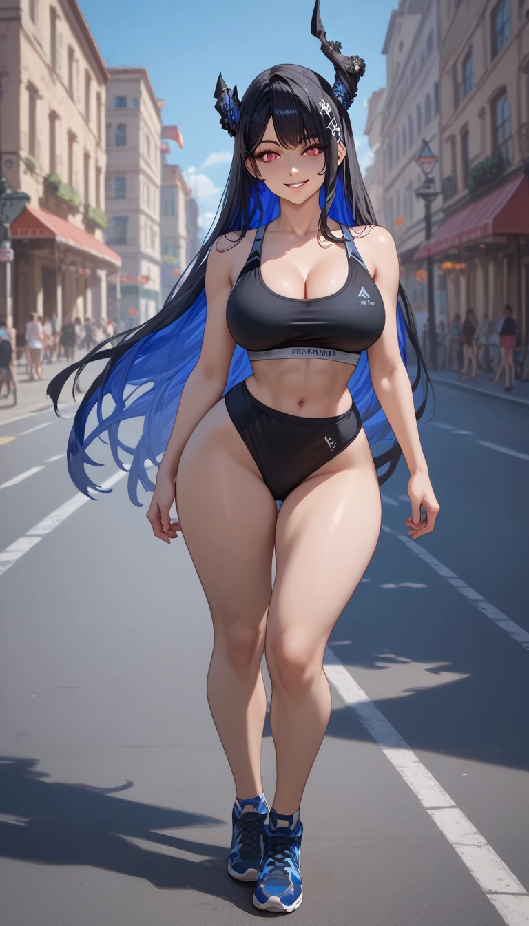 ultra-detailed, 1girl, NerissaRavencroft, ((masterpiece)), (best quality), (highres), 16K, colored inner hair, black hair, blue hair, red eyes, slit pupils, uneven horns, long hair, narrow waist, wide hips, thick thighs, wearing sports bra, sports shoes, black panties, busty body, large breasts and a beautiful ass, showcasing cleavage, legs, hips, looking at viewer, smile, detailed face, detailed hair, detailed full body, street background