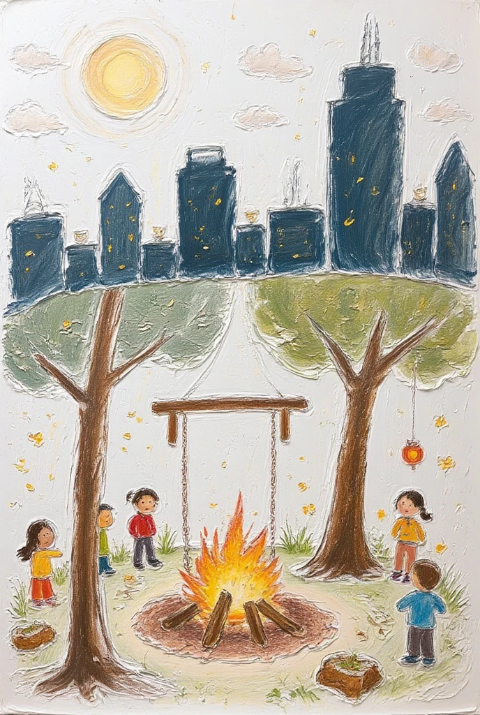 take the key, skyline silhouette , Sky without stars, 2D, landscape, draw, small drawing in the corner of the image of people around a bonfire