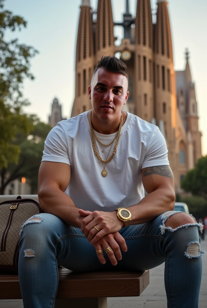 40 year old boy , height 1'90 cm , Gran Constitución , hair shaved at 2 on the sides and combed upwards , white t-shirt Nike brand , brand belt , ripped jeans , white socks , Nike dunk low sneakers white , gold cord around the neck , Gold Ring , gold bracelet , gold watch , gold seal , Sitting bench , model leaning forward while seated to obtain a classic and powerful portrait , place arms or elbows on the knees creating a sense of authority and control , photograph from a slightly lower angle that further emphasizes this dominant and confident aura, ( illuminate from the background ), floor backpack brand Gucci , Barcelona background la Sagrada Familia