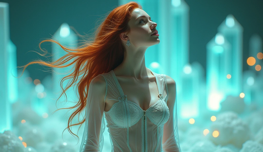 A seductive Spanish ????? woman, with long red hair and an ethereal beauty, stands ????? in front of the closet in her futuristic bedroom. With her right arm she takes her very short, light blue, very loose, open, very low-cut transparent dress out of the closet. Dynamic lighting, beauty, high definition