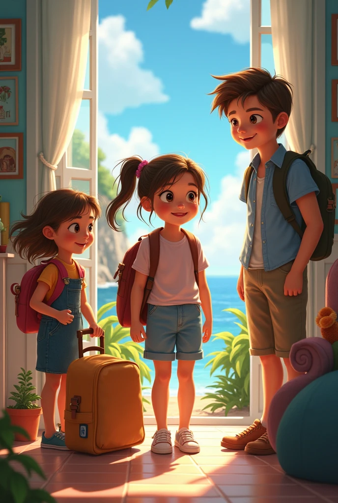 girl who was getting her backpack ready and saying goodbye to her family to go on an adventure in a coastal town