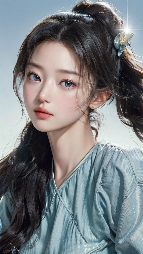 (masterpiece), ( top ), (  High Quality Details), (illustration), ( Watch 1 female ), Staring at the viewer , (Interview),  Beautiful, Detailed Eyes  ,  delicate and beautiful face  , Floating  , (High saturation), (shining),  blue sky, Bright and beautiful face,  skin is young and radiant  , Fair and shining, top 외모 , Very beautiful,  Her big eyes shine with a clear sky blue light while staring at the viewer ,  A beautiful and amazingly beautiful girl ,