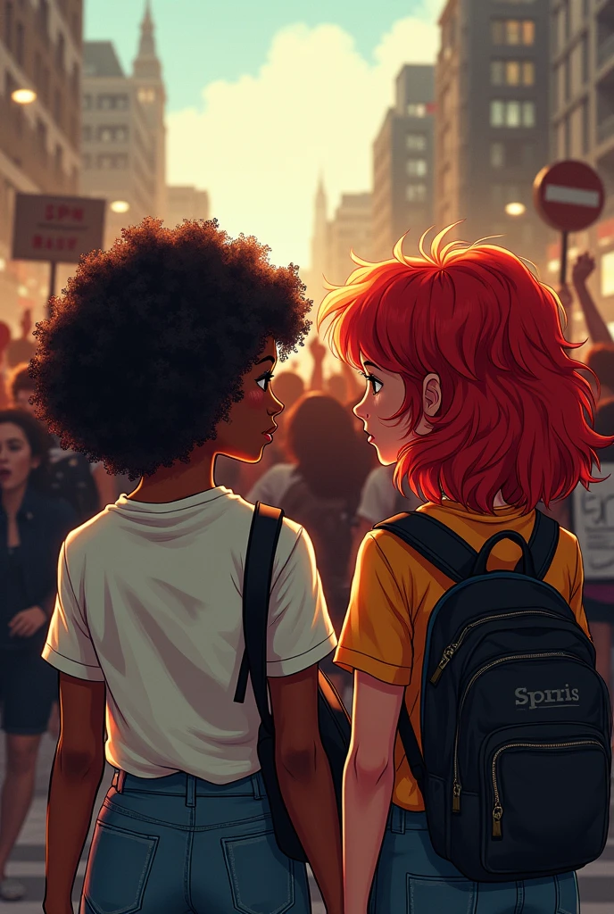 A 12 year old white girl with orange hair,camisa cropped amareka,thin sleeveless blouse with open brown zipper,red ripped shorts,an orange cape and sword kissing a 12 year old black boy in purple clothes