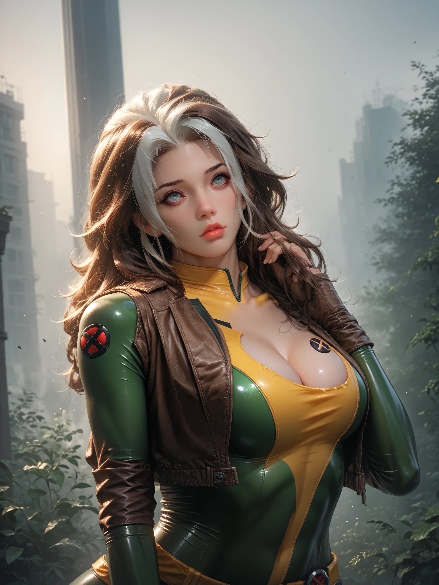 rogue, big breasts, sexy, cleavage, beautiful detailed lips, tight bodysuit, xmen