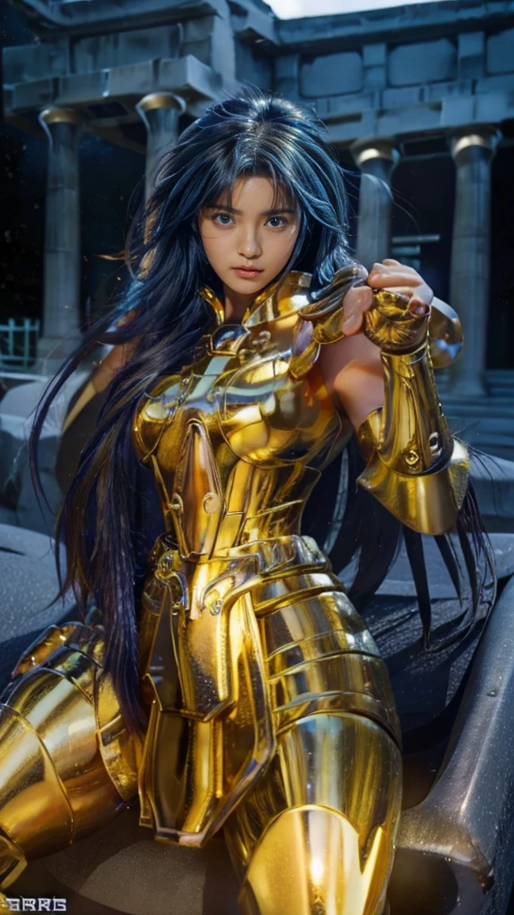 masterpiece,  please redeem  , (超  high definition ), Realistic skin texture,  Armature  , (Realistic:1.4),  high definition ,  RAW Photos,  1 girl, shiny skin, (  detailed skin :1.2), Realistic skin texture, Best writing, and ,Shine, Gold Armor, Dramatic lighting,  Dynamic Poses , (  Greek temple background :1.3), (Night Sky,  universe, milky way),( long disheveled hair ,  detailed beautiful face ),光りShine鎧,( Greenish blue hair),( blue eyes)