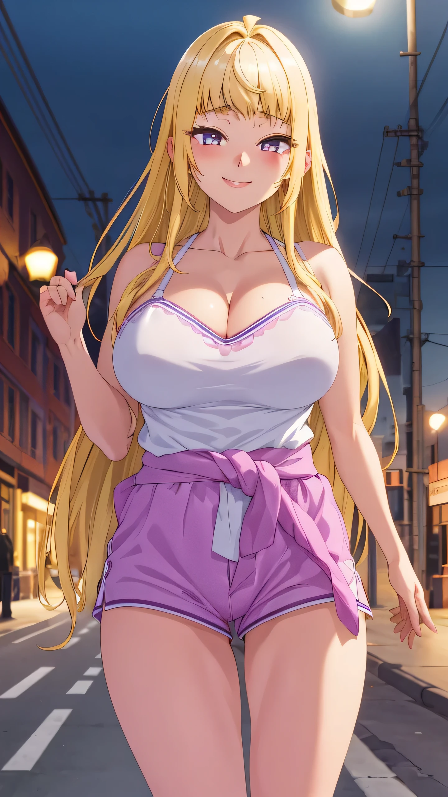 , 1 girl, drowning, alone, Minami Fuyuki, Blonde hair, long hair, purple eyes, Looking at viewer, smile, (blush on nose: 1.2), White shirt, Tank top, Cleavage, tight blue shorts, outdoor , street, walking, Night, urban lights, good lighting, thick thighs, NSFW, (from below: 1.2), uncensored, (high resolution: 1.2), (ultra detailed: 1.2), [ High dynamic range lighting], (Masterpiece: 1.3), (Best Quality), High quality intricate details, (Extremely detailed CG unity 8k wallpaper: 1.2), Best shadow, (Extremely detailed fine touch: 1.2), (High resolution), (4k ), (pixiv), perfect face, cute eyes and face, (super detailed), detailed face and eyes, textured skin, absurd, high resolution, deep skin, perfect anatomy, perfect hands, big breasts, medium waist, wide hips, medium thighs