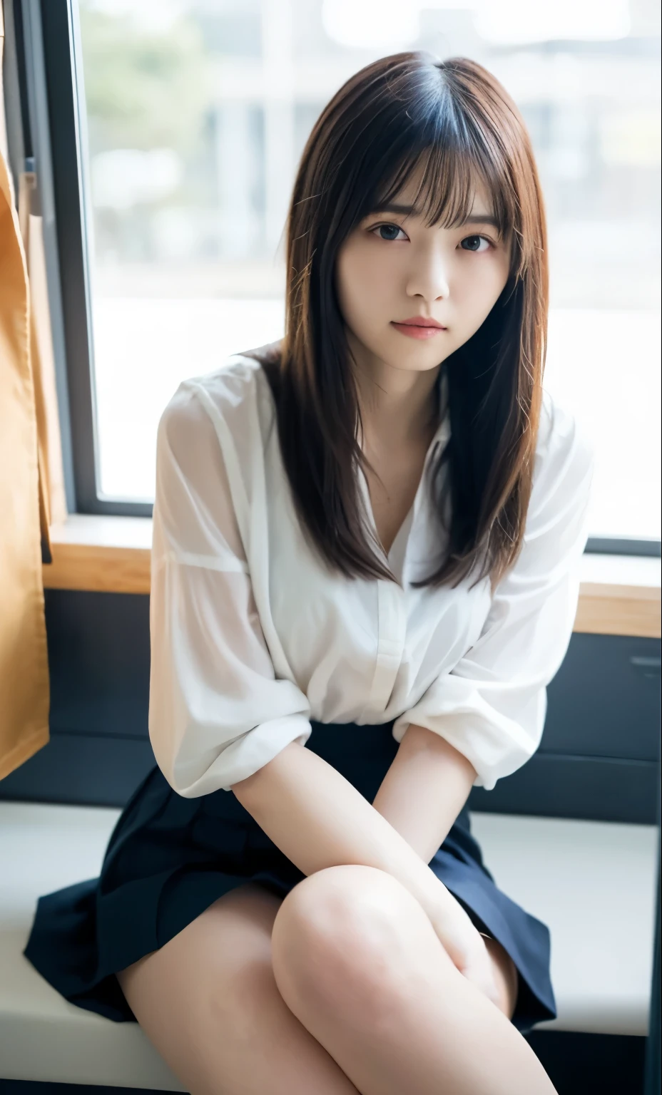 Arafed asian woman sitting on a window sill in a white shirt - SeaArt AI
