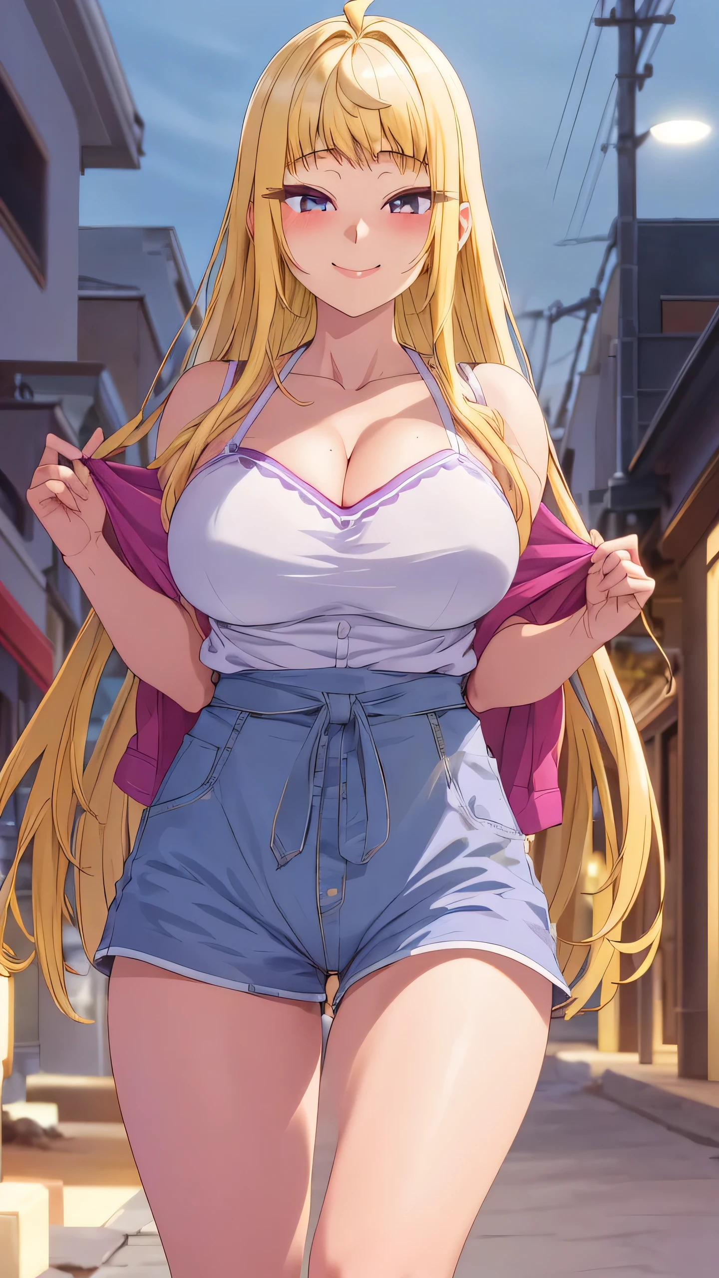 (nsfw),masterpiece,ultra detailed,sharp focus,4k digital art,high resolution,(standing at crowded street,outdoor),(aroused:1.5),(off-the -shoulder dress,necklace),(blonde hair,medium straight hair),(sweaty:1.2),(tanned skin:1.3),grinning,(trembling,flying heart-shapes:1.2),drooling,heart shaped pupils,skirt lifted,(dildo in pussy),plump female