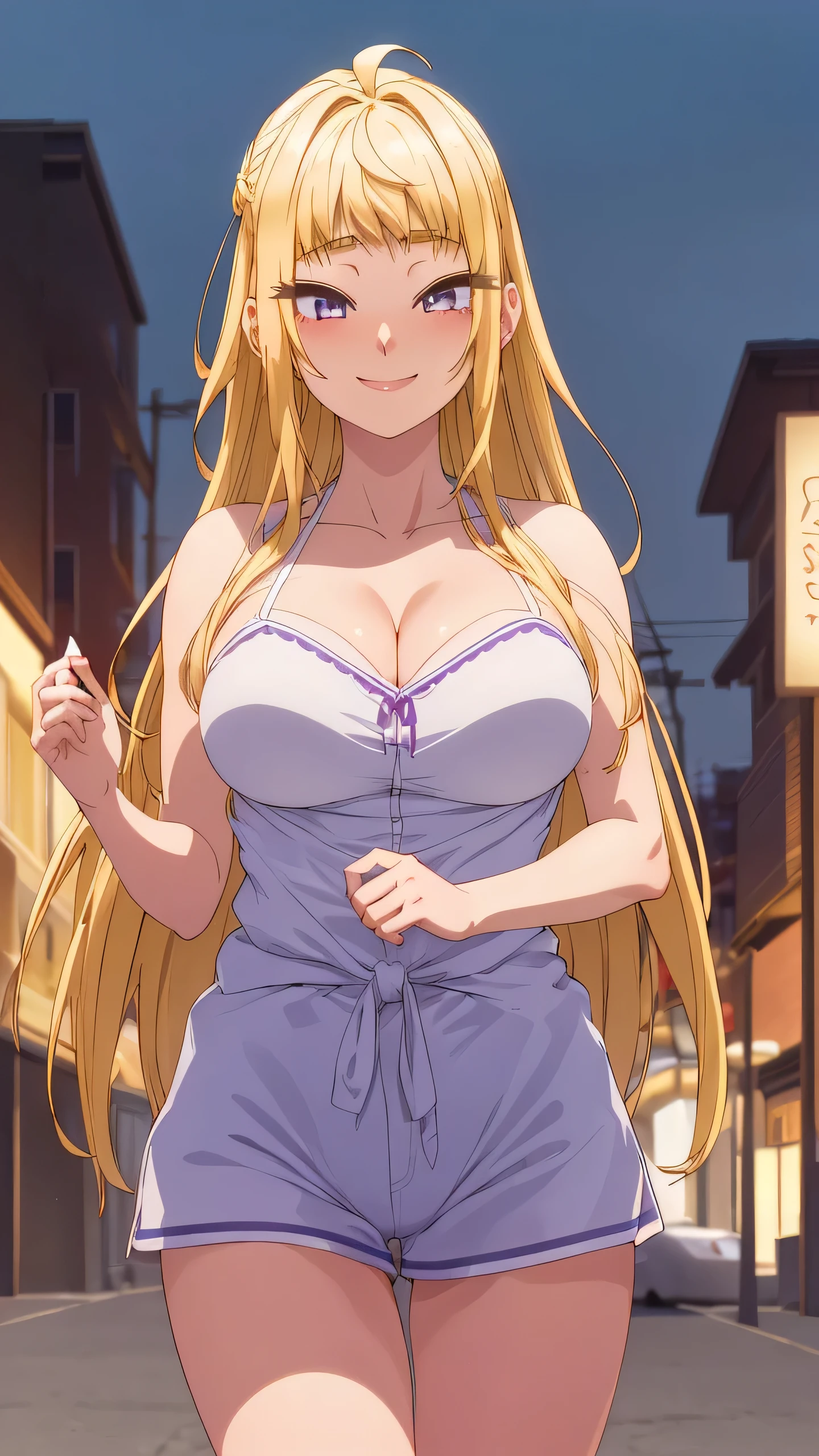 , 1 girl, drowning, alone, Minami Fuyuki, Blonde hair, long hair, purple eyes, Looking at viewer, smile, (blush on nose: 1.2), White shirt, Tank top, Cleavage, tight blue shorts, outdoor , street, walking, Night, urban lights, good lighting, thick thighs, NSFW, (from below: 1.2), uncensored, (high resolution: 1.2), (ultra detailed: 1.2), [ High dynamic range lighting], (Masterpiece: 1.3), (Best Quality), High quality intricate details, (Extremely detailed CG unity 8k wallpaper: 1.2), Best shadow, (Extremely detailed fine touch: 1.2), (High resolution), (4k ), (pixiv), perfect face, cute eyes and face, (super detailed), detailed face and eyes, textured skin, absurd, high resolution, deep skin, perfect anatomy, perfect hands, big breasts, medium waist, wide hips, medium thighs