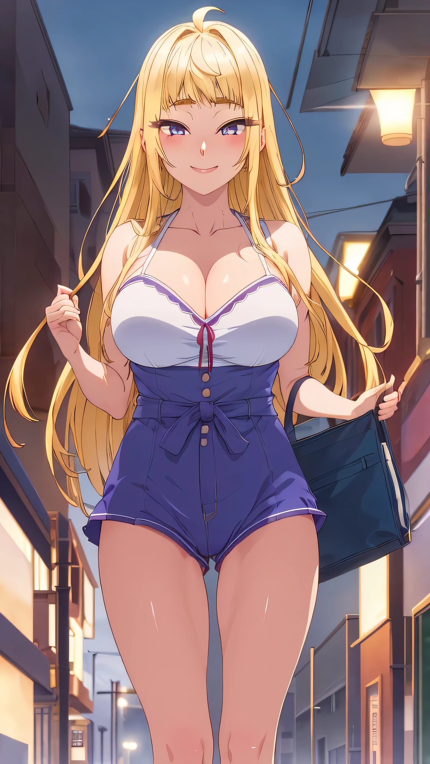 , 1 girl, drowning, alone, Minami Fuyuki, Blonde hair, long hair, purple eyes, Looking at viewer, smile, (blush on nose: 1.2), White shirt, Tank top, Cleavage, tight blue shorts, outdoor , snow, street, walking, Night, urban lights, good lighting, thick thighs, NSFW, (from below: 1.2), uncensored, (high resolution: 1.2), (ultra detailed: 1.2), [ High dynamic range lighting], (Masterpiece: 1.3), (Best Quality), High quality intricate details, (Extremely detailed CG unity 8k wallpaper: 1.2), Best shadow, (Extremely detailed fine touch: 1.2), (High resolution), (4k ), (pixiv), perfect face, cute eyes and face, (super detailed), detailed face and eyes, textured skin, absurd, high resolution, deep skin, perfect anatomy, perfect hands, big breasts, medium waist, wide hips, medium thighs