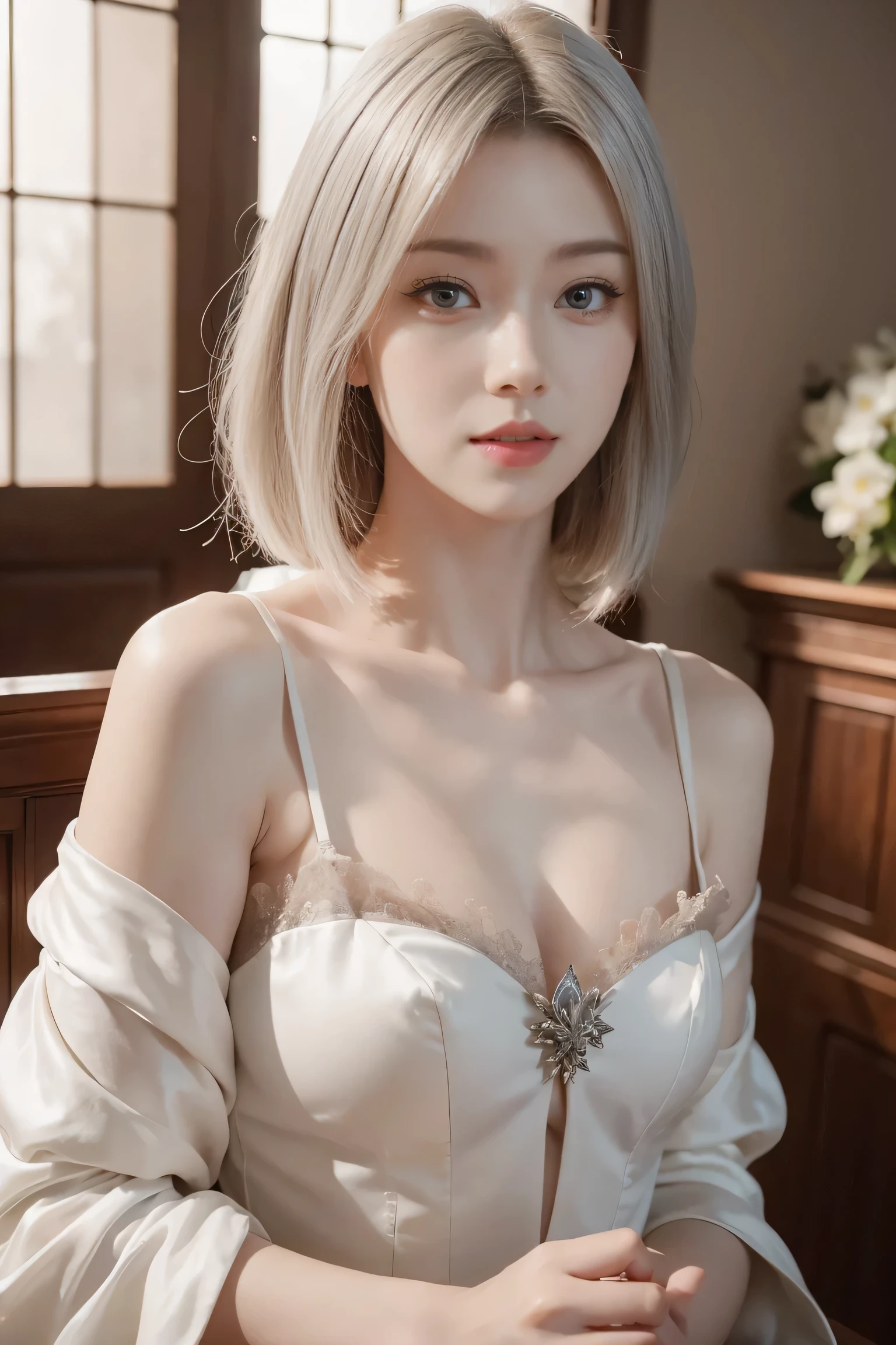 ashelia, photorealistic young medieval woman with awhite hair bob, flat chest, small bust, 8k, medieval palace, A beautiful adult woman with a soft face, perfect brown eyes, detailed face, long eyelashes, silk flower fantasy background, cinematic photorealistic lighting, dramatic night scene, (best quality,4k,8k,highres,masterpiece:1.2),ultra-detailed,(realistic,photorealistic,photo-realistic:1.37),cinematic,dramatic,moody,warm light, 