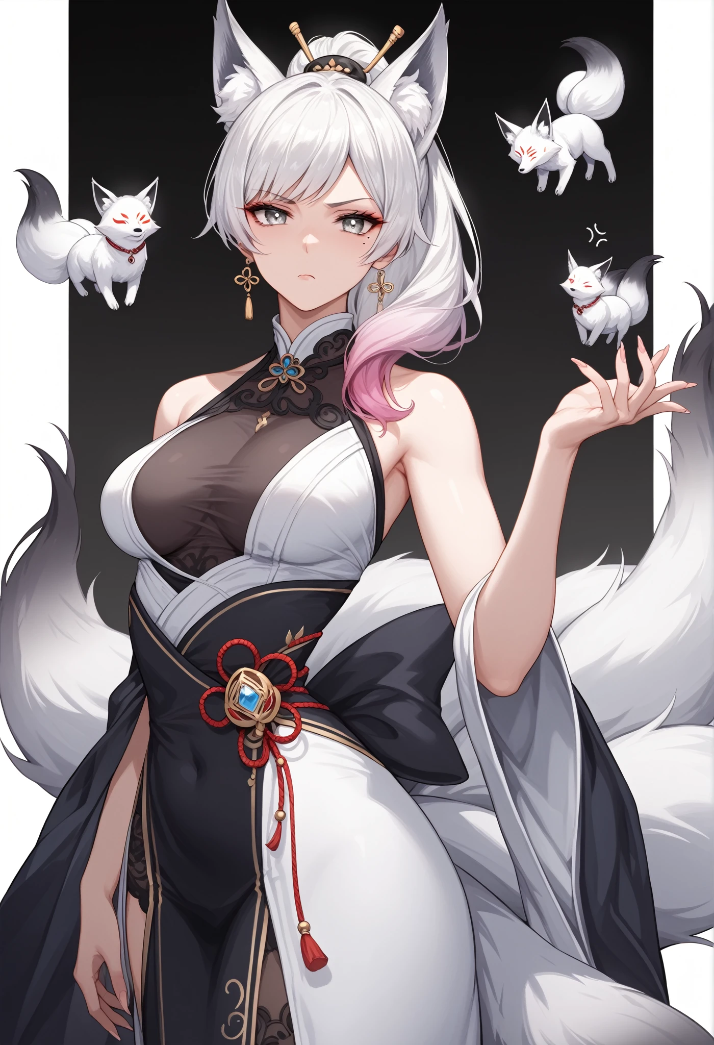 anime - style drawing of a woman in a short dress with a cat ears, female fursona, white - haired fox, a beautiful fox lady, a beautiful kitsune woman, kitsune, holo is a wolf girl, fullbody commission for, kitsune inspired armor, pink fox, fox nobushi, female furry mini cute style，Beautiful fox demon，wearing cheongsam，Sexy dress-up，full，huge ，clean shaping，Rich details，Nice face，beautiful eyes，