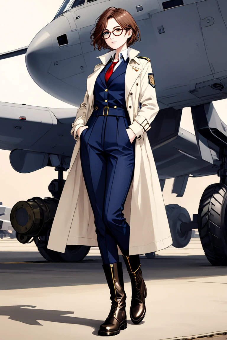 An adult woman with short sepia tousled hair ,  wears black military boots ,  black pants ,  white shirt, red tie, blue vest over the shirt ,  dark navy blue military trench coat with zip pockets and unbuttoned gold details, She wears small lenses , has dark circles under his eyes. background of a military base 