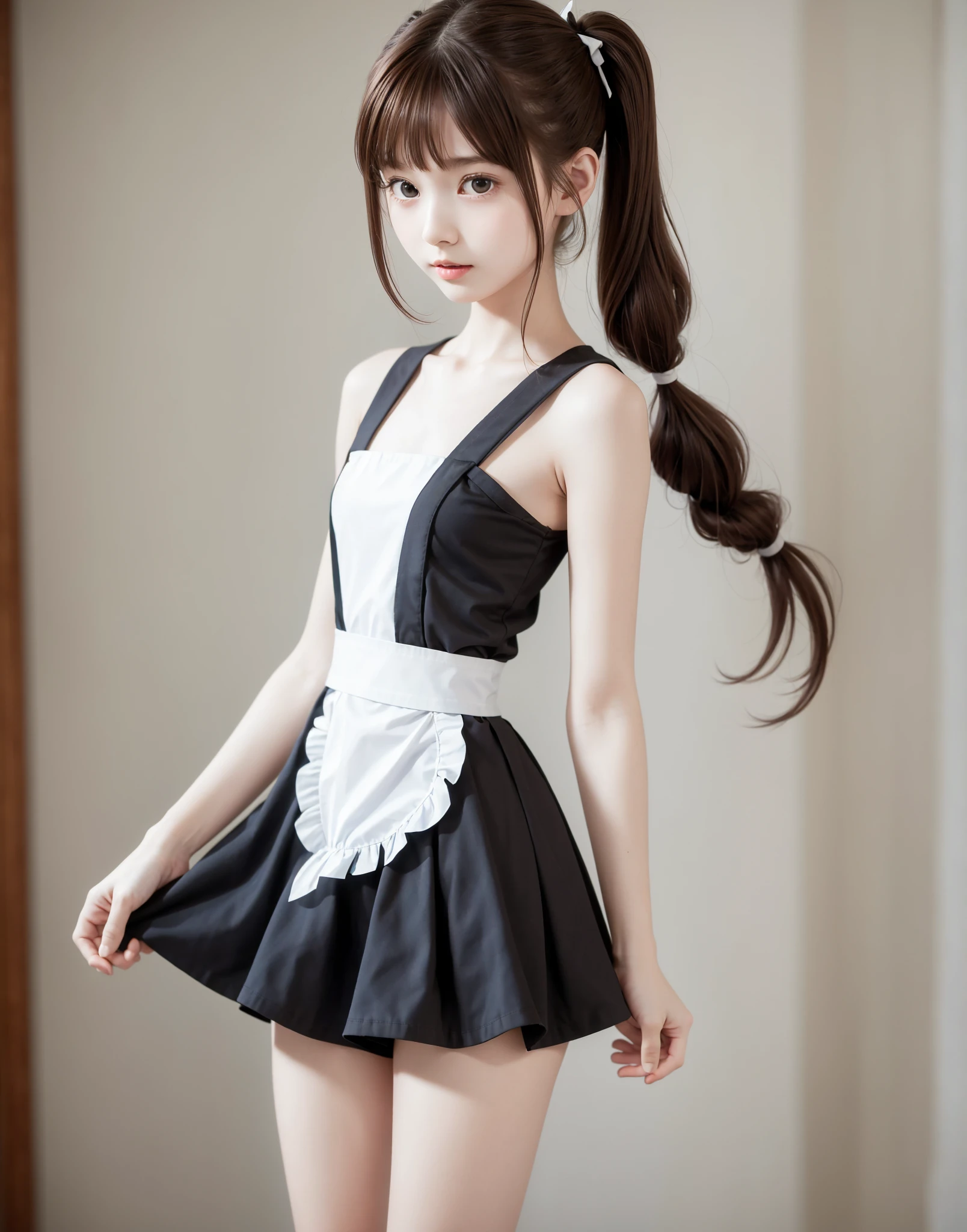 Maid,cute pretty girl,masterpiece,high definition,4k,8k,16k,twin tails,brown hair,slender body,thin leg, thin arm, thin body,small,18yo