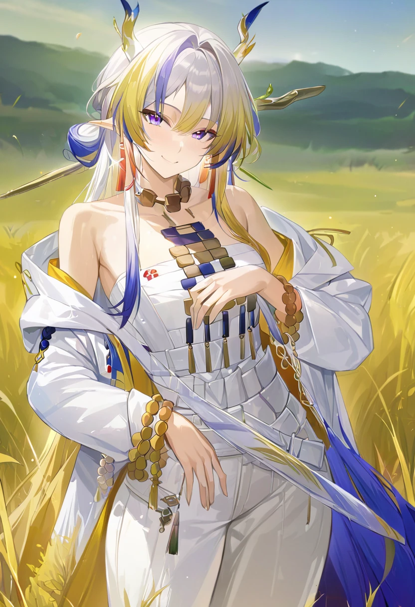 masterpiece, (( best quality)),  high definition , Game CG, grassland_background,  bright , Viewers,  one woman, ( cowboy shot),  1 girl,Alone, jewelry, bare shoulders,Open clothes, Long Sleeve , bracelets staring at the viewer, white dress,  white jacket , smile
