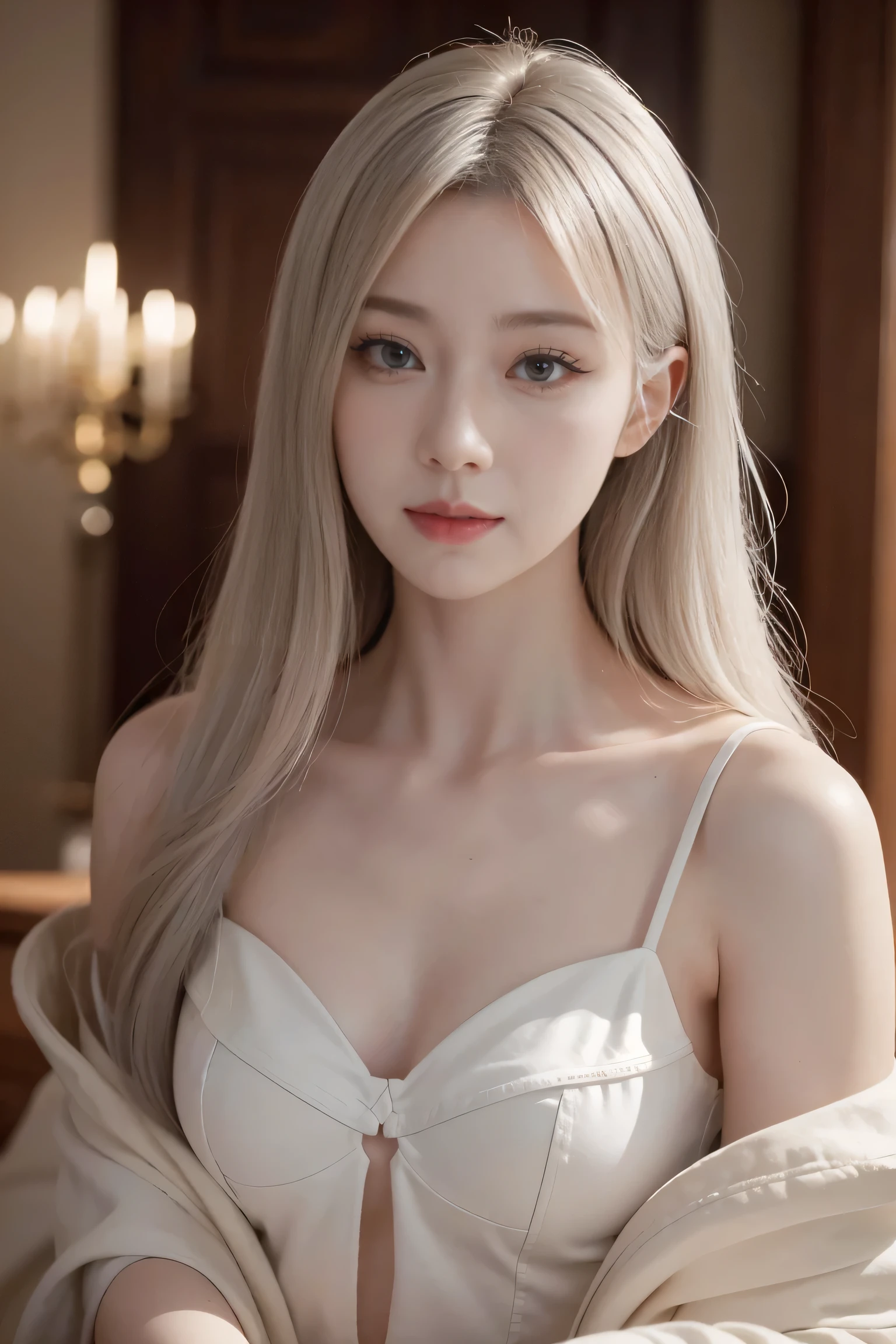 ashelia, photorealistic young medieval woman with awhite hair bob, flat chest, small bust, 8k, medieval palace, A beautiful adult woman with a soft face, perfect brown eyes, detailed face, long eyelashes, silk flower fantasy background, cinematic photorealistic lighting, dramatic night scene, (best quality,4k,8k,highres,masterpiece:1.2),ultra-detailed,(realistic,photorealistic,photo-realistic:1.37),cinematic,dramatic,moody,warm light, 