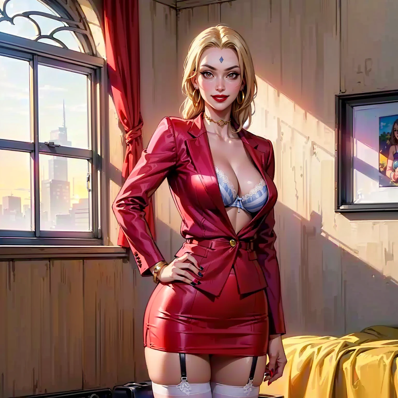 ((1girl, solo ,alone, t5un4d3, mark, tsunade, (tsunadernd, forehead mark, brown eyes, blonde hair, tied hair, big breasts), painted nails, gold bracelets, ruby earrings)), ((solo, 1woman, pink lipstick, Extremely detailed, ambient soft lighting, 4k, perfect eyes, a perfect face, perfect lighting, a 1girl)), austere, ((fitness,, shapely body, athletic body, toned body)), ((fitness,, shapely body, athletic body, toned body)), ((armor suit, iridescent, background in the same color as the combat uniform, background Iridescent city, woman, cyber armor, smug, smug, street, ((red blazer,red skirt, pencil skirt,, garter belt, striped blazer, white bra, lace bra, garden, office, window, city, sunset, earrings, red lipstick, smug smile))