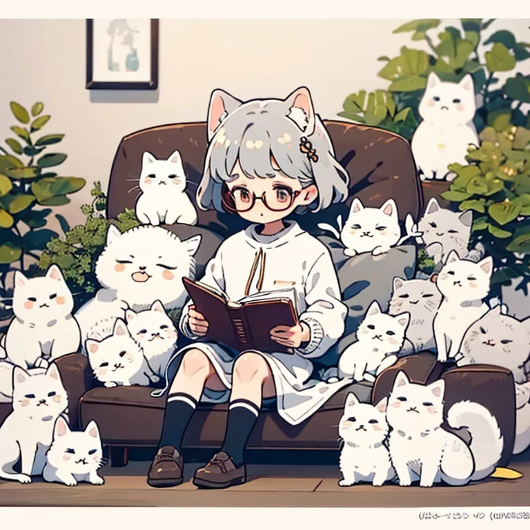 (chibi), a gray and white cat wearing glasses is sitting on the couch drinking tea and reading email on his phone. 