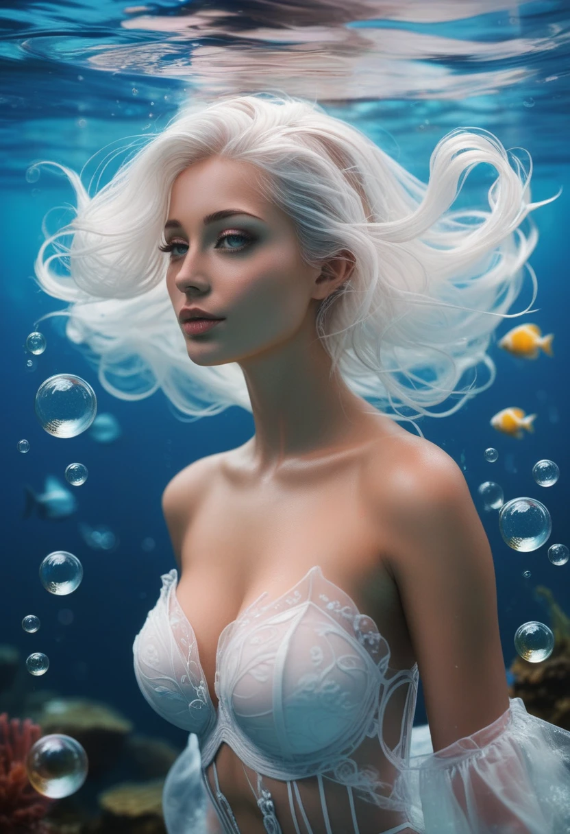 (style underwater background :1.0), A beautiful ethereal underwater creature, long flowing white hair, translucent skin, swirls of dark water, luminescent bubbles, surreal, dreamlike, serene, otherworldly, intricate details, high quality, 8k, photorealistic, masterpiece:1.1), (HD quality:1.1)(best quality:1.1),