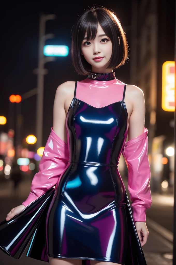 nsfw、female idol、lipgloss、smiling face、full body photo、(((sheer latex tight mini dress（neon amber))))、((colorful hair))、conceptual art, High quality, Realistic, extremely detailed CG unified 8k wallpaper, highly detailed, High-definition raw color photos, professional photography, Realistic portrait, Cinematic Light, Beautiful detailed, Super Detail, high details, (((Bokeh))), depth of fields, illumination, Neon Street, Super stylish lighting
