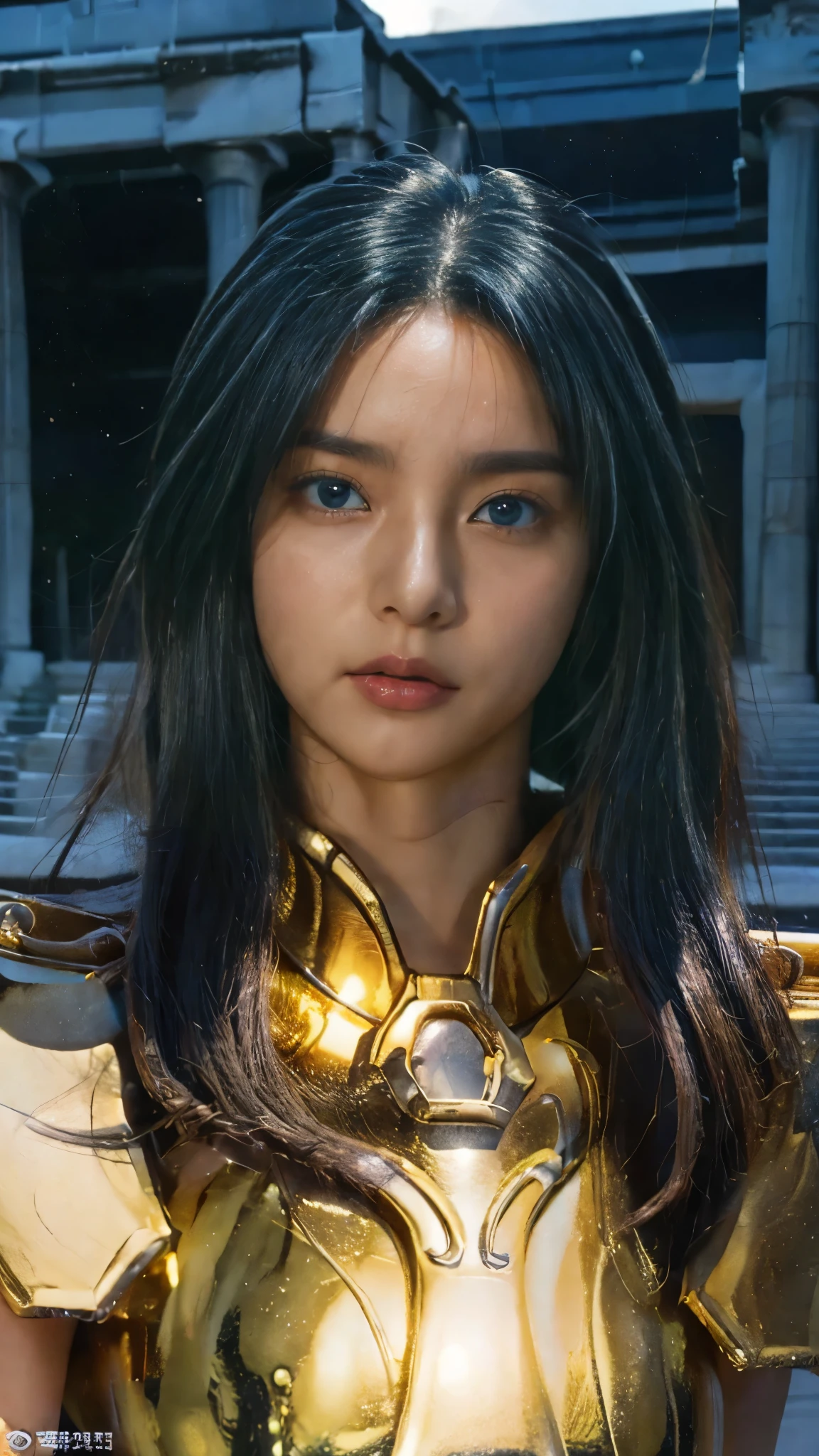 masterpiece,  please redeem  , (超  high definition ), Realistic skin texture,  Armature  , (Realistic:1.4),  high definition ,  RAW Photos,  1 girl, shiny skin, (  detailed skin :1.2), Realistic skin texture, Best writing, and ,Shine, Gold Armor, Dramatic lighting,  Dynamic Poses , (  Greek temple background :1.3), (Night Sky,  universe, milky way),( long disheveled hair ,  detailed beautiful face ),光りShine鎧,( greenish blue hair),( blue eyes)