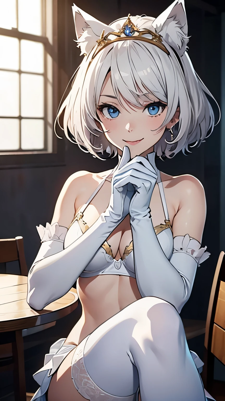 table top High level image quality best image quality 8k adult woman(I) white long gloves((blanche)(elbow gloves)) white pantyhose(blanche) leotard((blanche)(Tube top)) wolf ears short hair((shortcut)(gray hair)(Habitual hair)(fluffy)) eye color is blue laughter