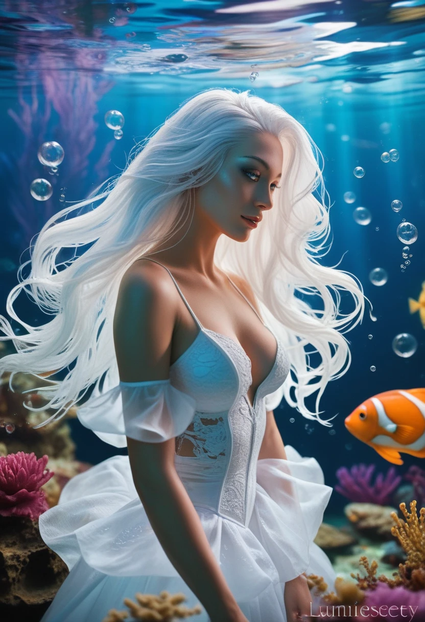 (style underwater background :1.0), A beautiful ethereal underwater creature, long flowing white hair, translucent skin, swirls of dark water, luminescent bubbles, surreal, dreamlike, serene, otherworldly, intricate details, high quality, 8k, photorealistic, masterpiece:1.1), (HD quality:1.1)(best quality:1.1),