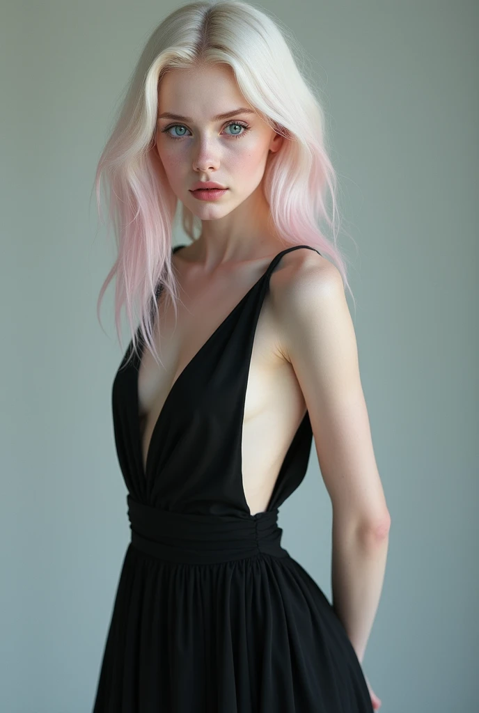 . Ukraine. 12 years old. Skinny body. With waistband. Cute detailed face. light eyes. long hair. pink hair. medium breasts. nipples. big buttocks. with transparent black dress. modeling 