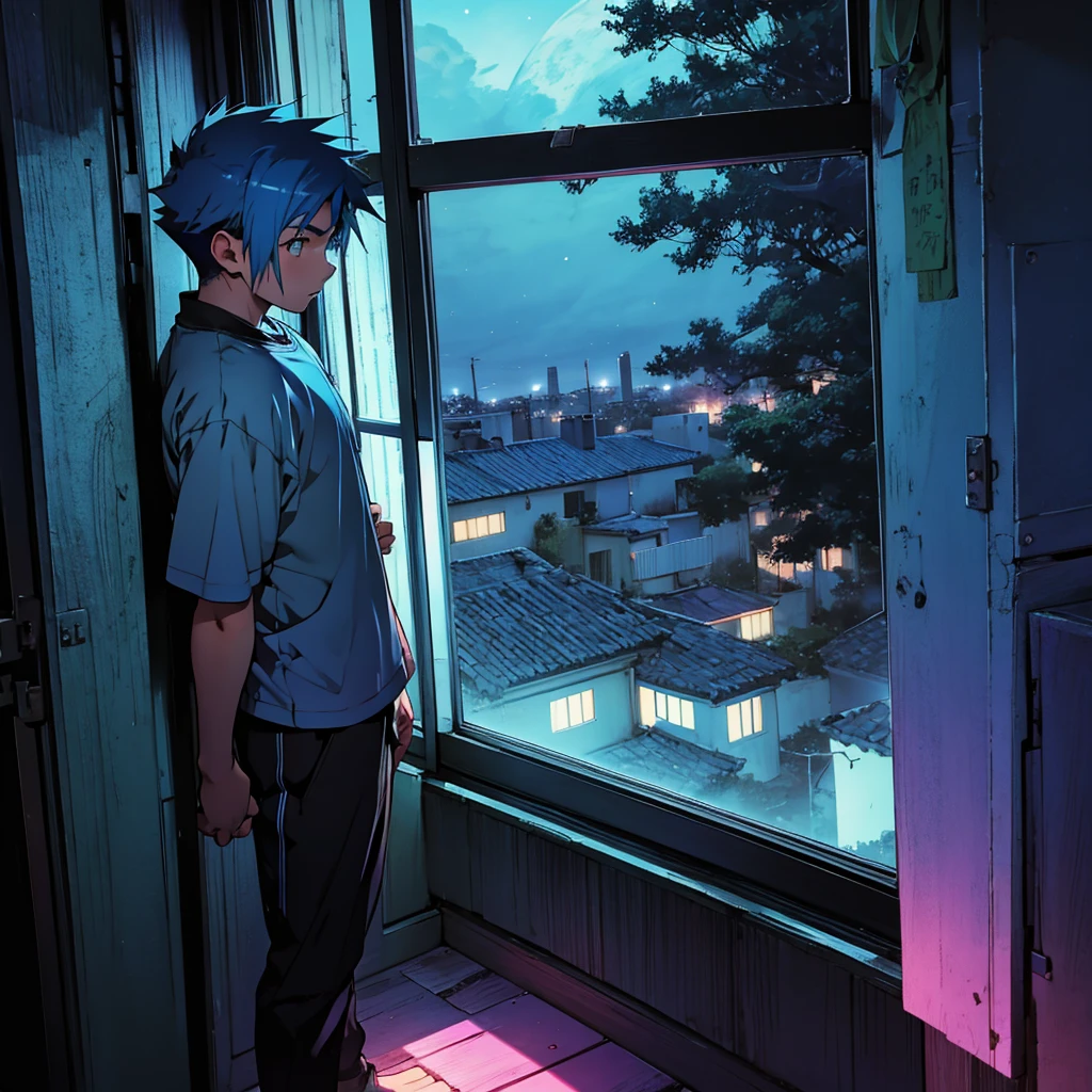 anime, A  boy with a broken heart, blue hair,  in his room at night, looking out the window at the night sky.