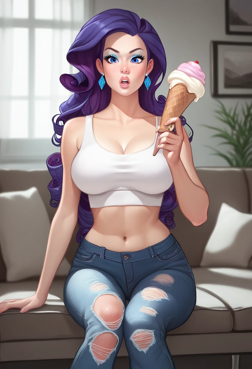 American shot, 3/4view, ice cream, sitting cross-legged elegantly, high resolution, detailed, 8k, ultra sharp, female, mplegrarity, Rarity, blue eyes, beautiful detailed eyes, beautiful detailed lips, extremely detailed face and features, longeyelashes [brunette skin] purple curly hair, modern clothing, blackjeans torn at thigh, white crop top blouse, (Corrects hands) earrings, stunned expression, interior, living room, comfortable room, bright lighting