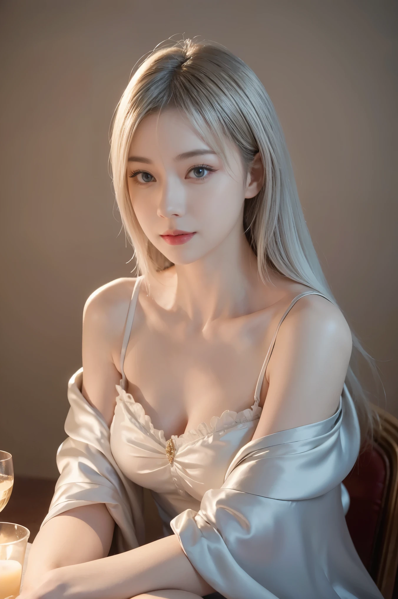 ashelia, photorealistic young medieval woman with awhite hair bob, flat chest, small bust, 8k, medieval palace, A beautiful adult woman with a soft face, perfect brown eyes, detailed face, long eyelashes, silk flower fantasy background, cinematic photorealistic lighting, dramatic night scene, (best quality,4k,8k,highres,masterpiece:1.2),ultra-detailed,(realistic,photorealistic,photo-realistic:1.37),cinematic,dramatic,moody,warm light, 