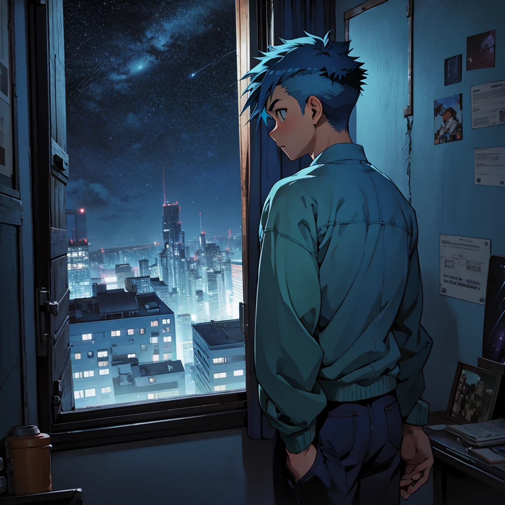 anime, A teenage boy with a broken heart, blue hair,  in his room at night, looking out the window at the night sky.