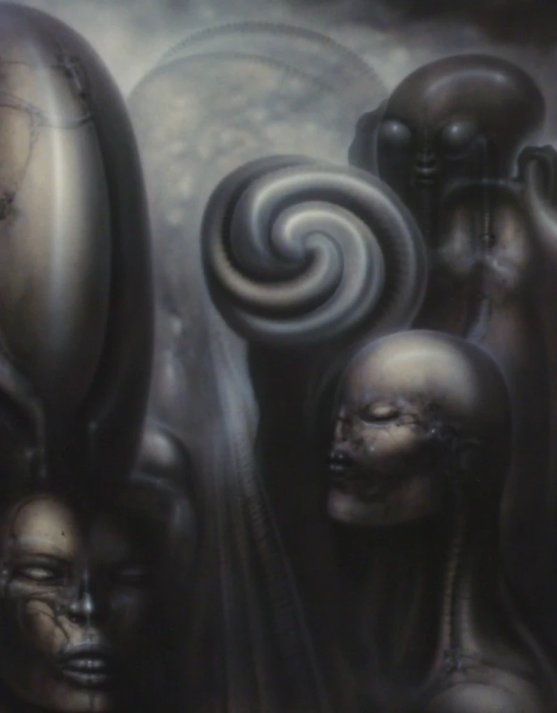 g1g3r t4bl3 The image is a detailed view of H.R. Giger's Tableau \" Biomechanical Landscape No 312 \" plate.
 The image is a  photograph of a complex, abstract bone and ivory structure that resembles pipes and wires. The structure is composed of numerous pipes and wires intertwining and overlapping each other in a chaotic yet harmonious manner.
The style  is clearly biomechanical. Features combination of organic and mechanical forms. Mechanical elements dominate the background of composition, there are subtle organic hints. The use of undersaturated purple-grays dark contrasts creates a stark and graphic look. Is used a variety of linework techniques to create different textures. Fine, parallel lines create a smooth, metallic texture,while thicker, more cursive lines suggest cables or wires. The artwork is shiny and purplish brown, with an ivory bones prominently displayed. The image is highly detailed and intricate, almost like a 3d version of a medical diagram (detailed view of an anatomy sketch, possibly of a humanoid body, with transparent organs and bones exposed). The piece has a thick mechano-organic texture and is covered in fine details. The image has a swirling, organic quality to it. The artistic manner would be unmistakably Gigeresque. A dark and unsettling beauty would permeate the piece, blurring the lines between fascination and repulsion , forever haunted by the grotesque allure. Giger's signature artistic manner would be evident in every stroke. The airbrush would be wielded with masterful precision to create a hyperrealistic yet yet nightmarish aesthetic.
 The texture of ivory with signs of burning and fossilization can be seen in the mix of smooth and rough brushstrokes. By Peter mohrbacher