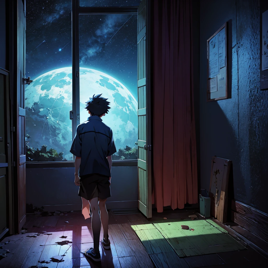 anime, A teenage boy with a broken heart,  in his room at night, looking out the window at the night sky.