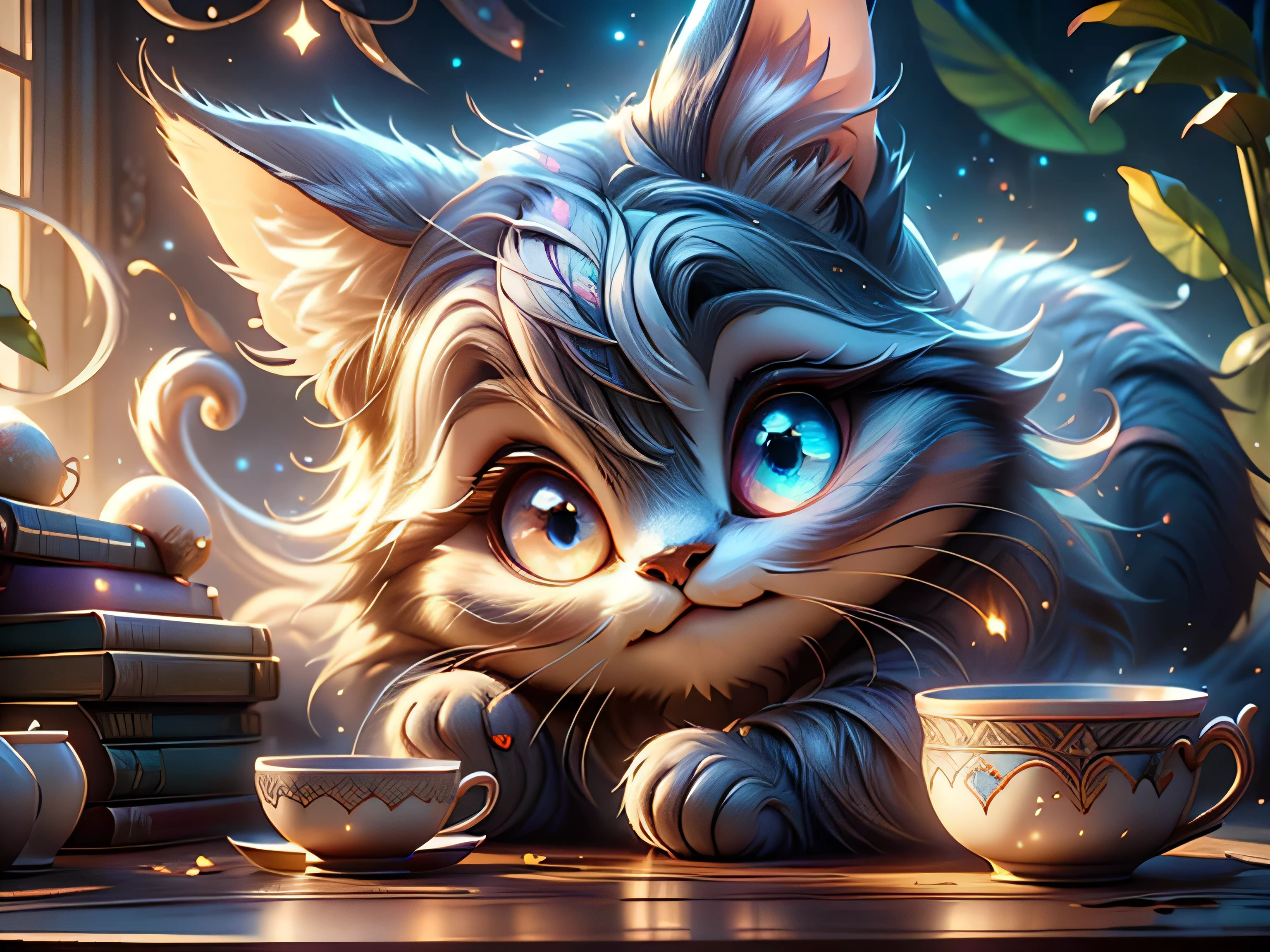 Magical Fantasy Creature, (Best Quality, Masterpiece, Representative Work, Official Art, Professional, Super Detailed, 8k:1.3), (Photorealism:1.2) Super Cute, Big Eyes, Soft, Soft Nose, Fluffy, Two-Toothed Smile, Cheshire Cat Holding a Cup, Realistic, Beautiful, Stars in Eyes, Soft Volumetric Light, (Backlight:1.3), (Cinematic:1.2), Intricate Details, (ArtStation:1.3), --auto --s2