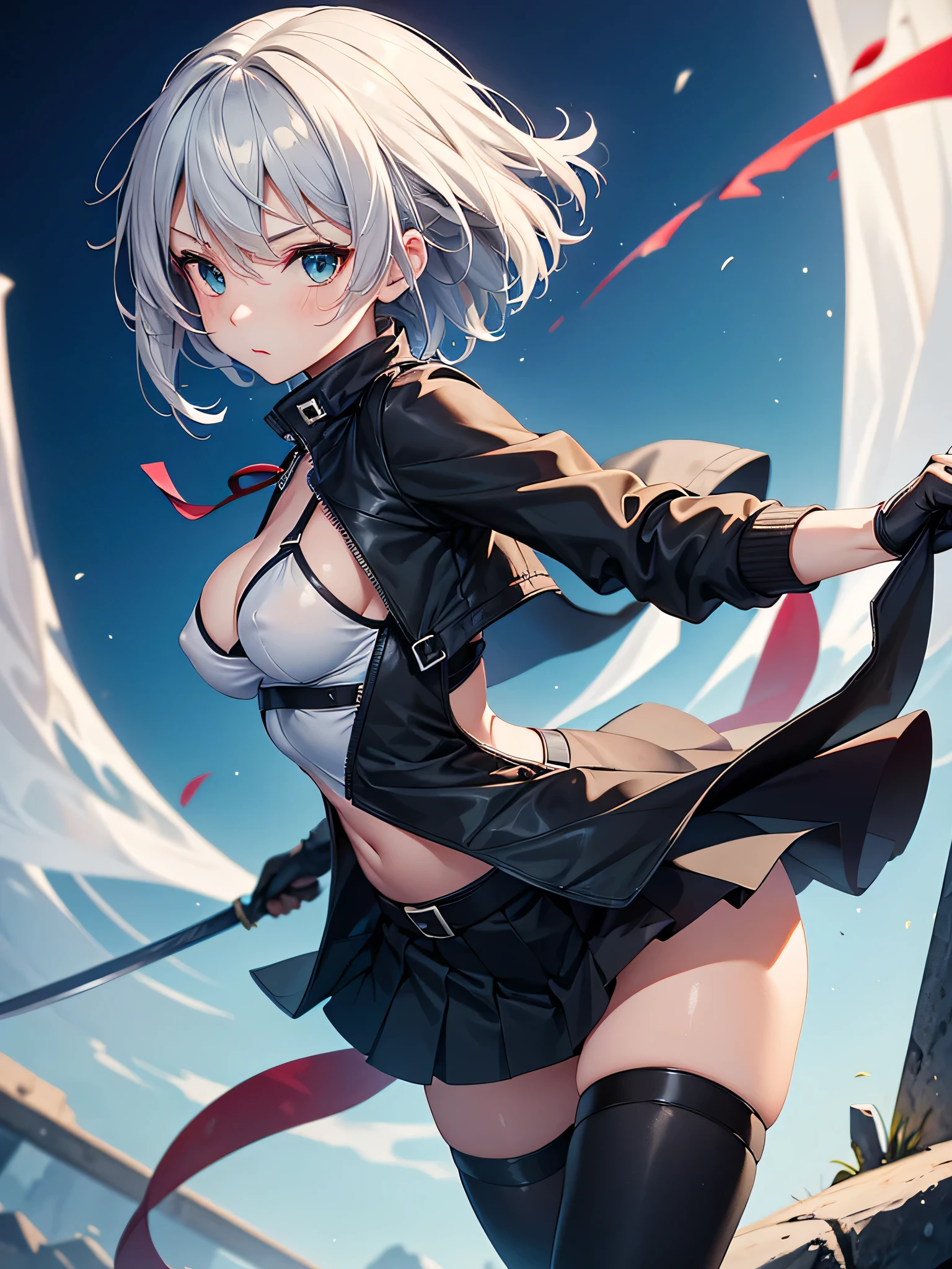 black too short dress, black thighhighs, silver short hair, black hair band, large breasts, BREAK, swaying back, looking for viewer, BREAK, nsfw, slipping hip, orgasm