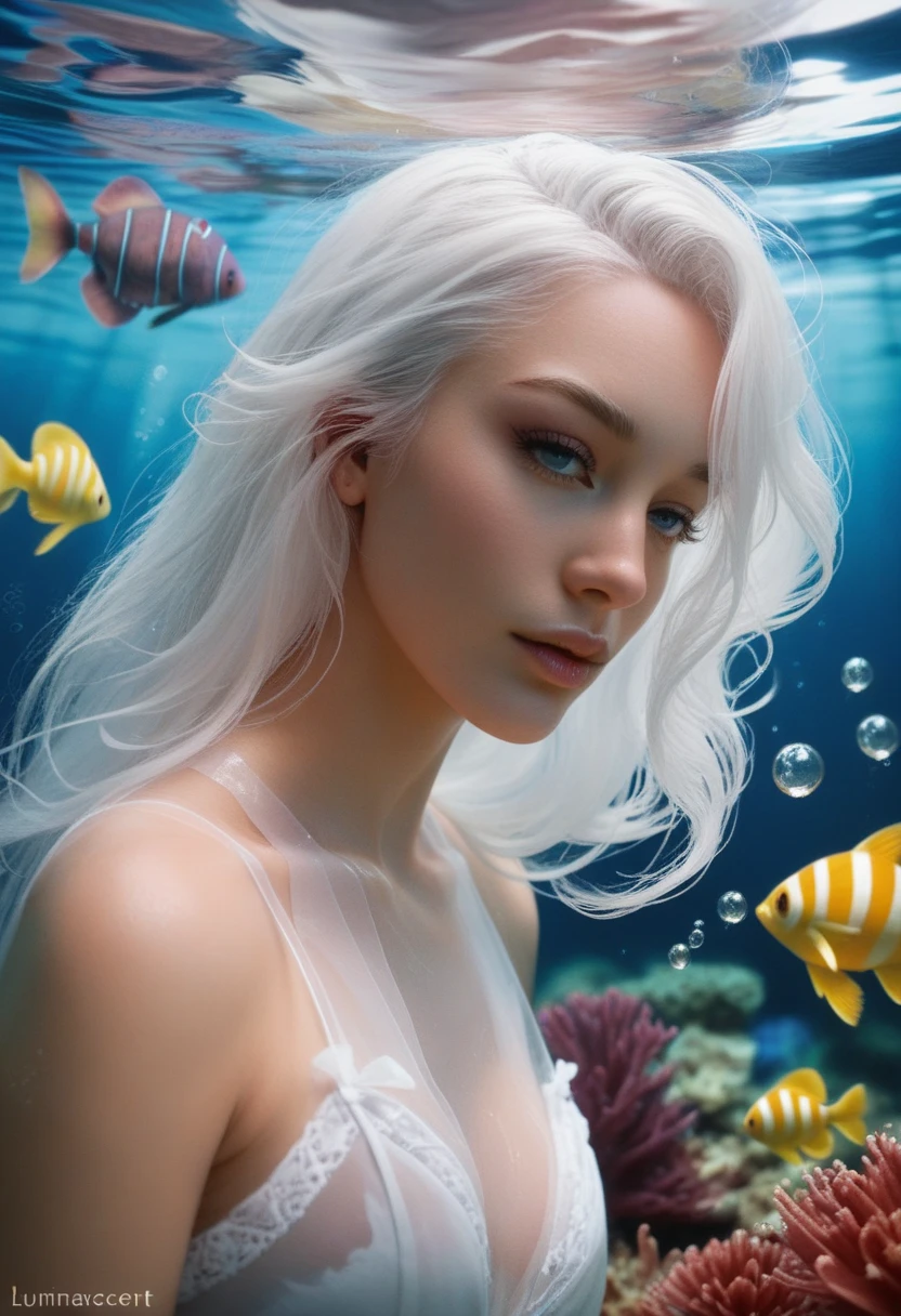 (style underwater background :1.0), A beautiful ethereal underwater creature, long flowing white hair, translucent skin, swirls of dark water, luminescent bubbles, surreal, dreamlike, serene, otherworldly, intricate details, high quality, 8k, photorealistic, masterpiece:1.1), (HD quality:1.1)(best quality:1.1),