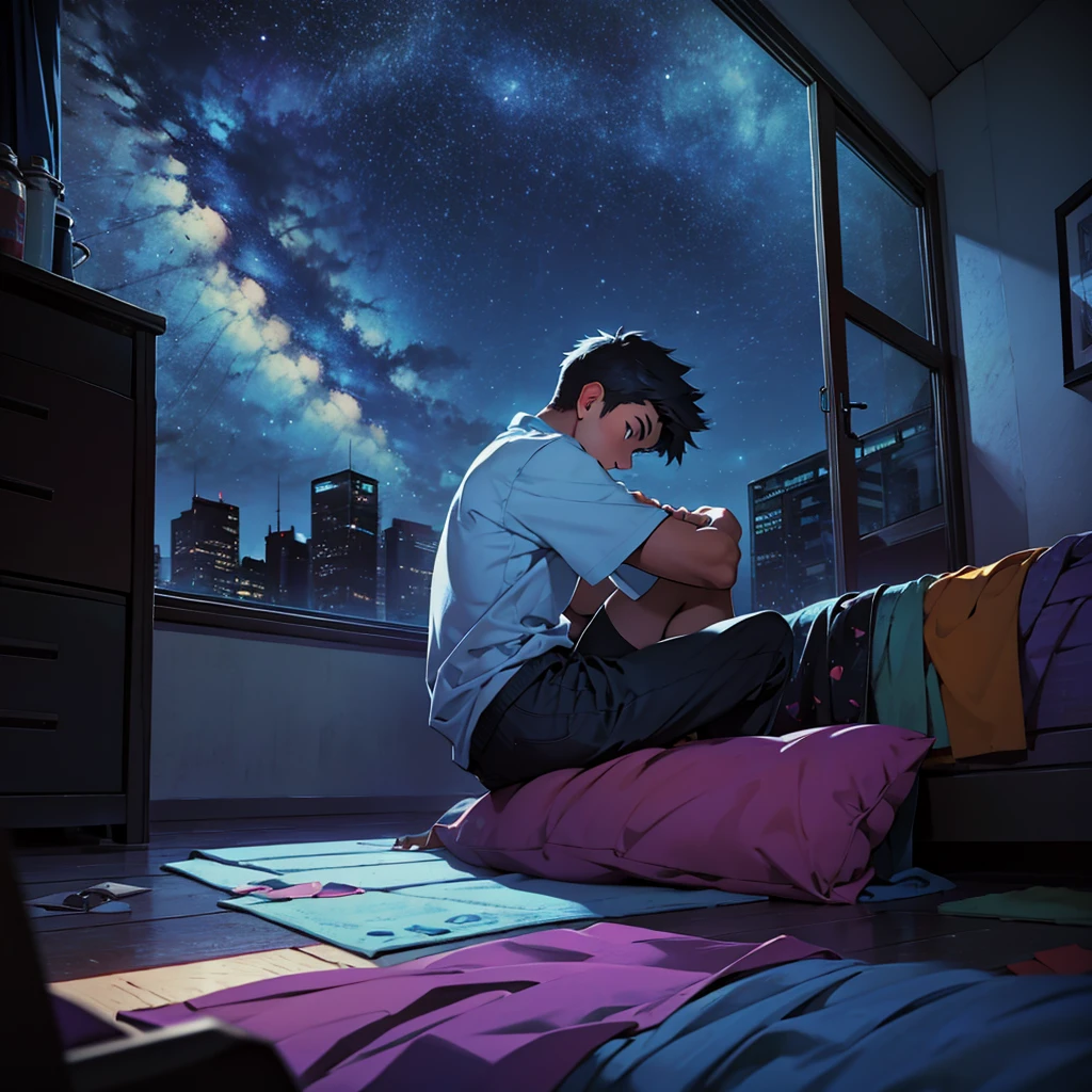 A teenage boy with a broken heart, in a room at night, sitting on his bed, looking out the window at the night sky.