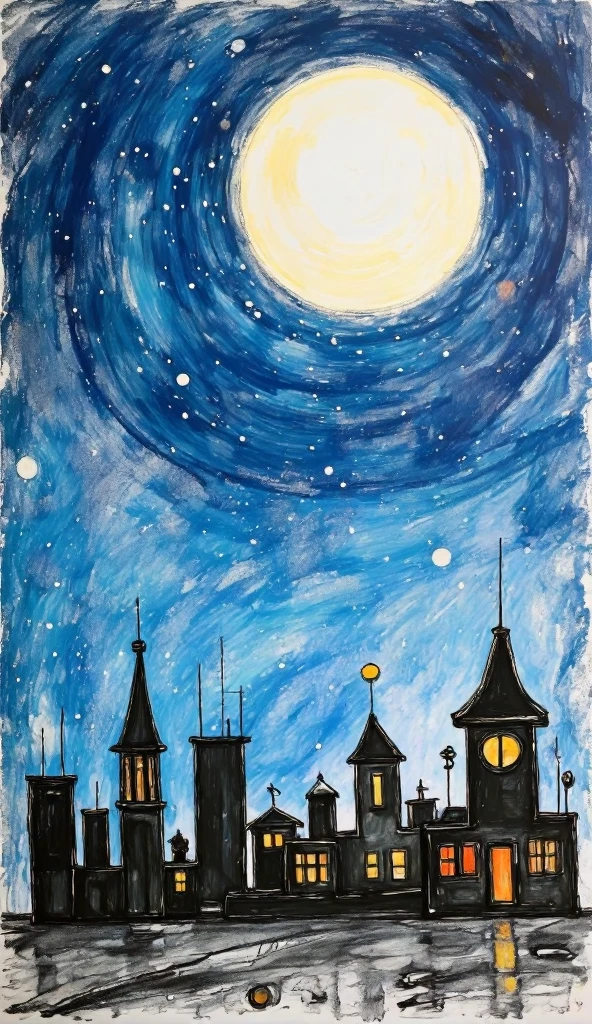  simple city silhouette painting on the horizon,  very dark blue sky with full moon , starless and cloudless 2d , flat, landscape 