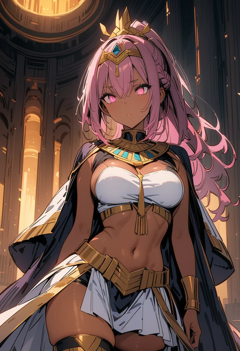 Cute age 22 woman with pink hair wearing belly dancer outfit with hijab and arabic mask in purple red color scheme, arm covered, not too revealing, golden accessories, wearing black cape, shyness, high-waist skirt