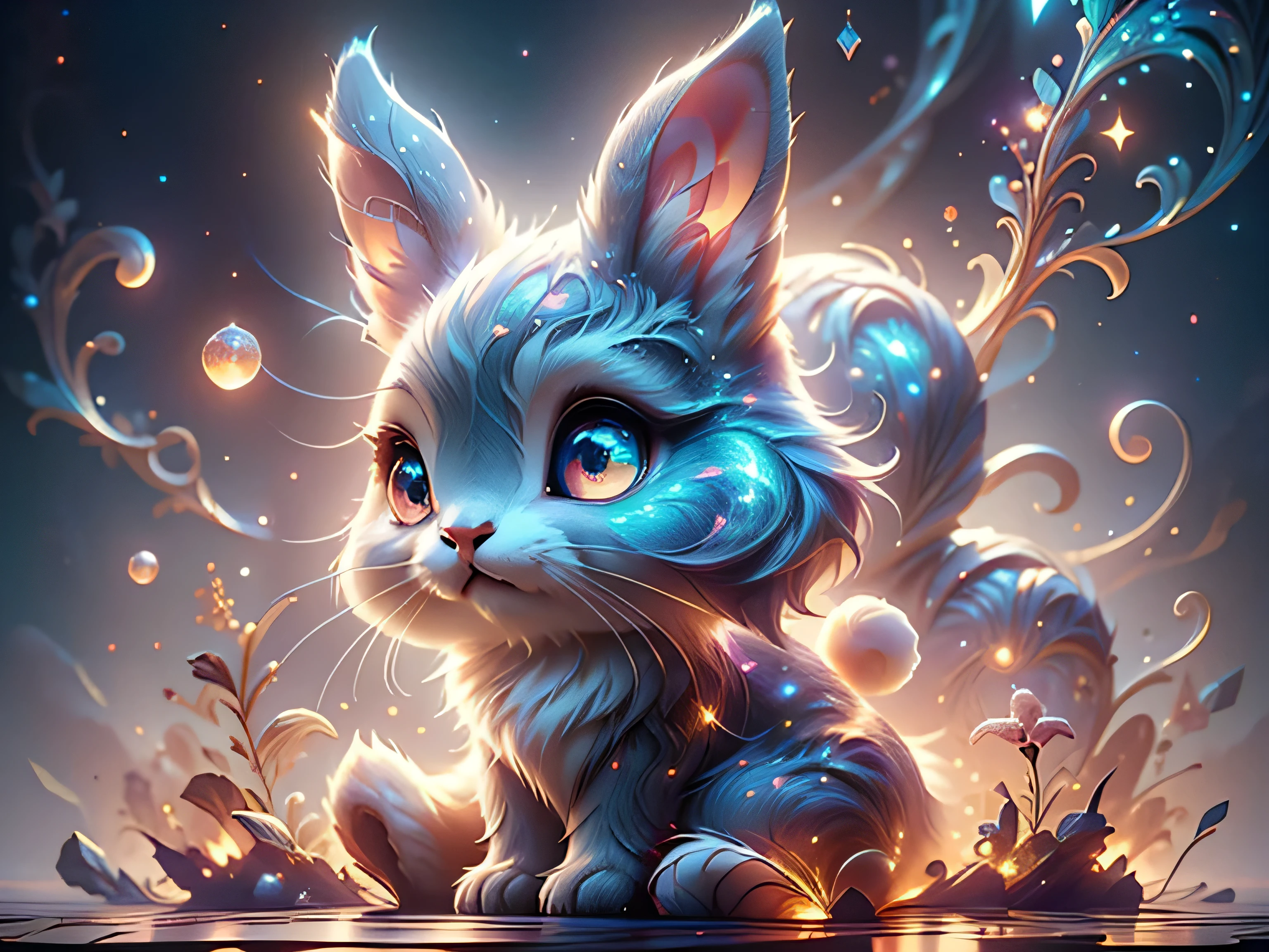 Magical Fantasy Creature, (Best Quality, Masterpiece, Representative Work, Official Art, Professional, Ultra Fine Detail, 8k:1.3), (Photorealism:1.2), Rabbit Spirit, Super Cute, Big Eyes, Soft, Delicate Nose, Fluffy, Double-Toothed Smile, Cute White Rabbit Ghost, Realistic, Beautiful, Sparkling, Stars in Eyes, Star Pearl, Soft Volumetric Light, (Backlight:1.3), (Cinematic:1.2), Intricate Details, (ArtStation:1.3), --auto --s2