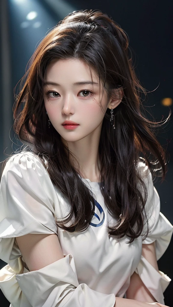 (masterpiece), ( top notch ), ( High Quality Details ), (illustration), (1 woman),  is watching the audience, (Interview),  Beautiful, detailed eyes , Hair length is random , Floating , (High saturation), (shining), Bright and beautiful face,  Her skin is young, radiant, , 공정하고 shining, Best appearance , Very beautiful,  beautiful and amazing beautiful girl ,