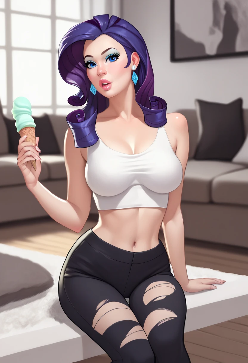 American shot, 3/4view, ice cream, sitting cross-legged elegantly, high resolution, detailed, 8k, ultra sharp, female, mplegrarity, Rarity, blue eyes, beautiful detailed eyes, beautiful detailed lips, extremely detailed face and features, longeyelashes [brunette skin] purple curly hair, modern clothing, blackpants torn at thigh, white crop top blouse, (Corrects hands) earrings, Expression satisfaction, interior, living room, comfortable room, bright lighting