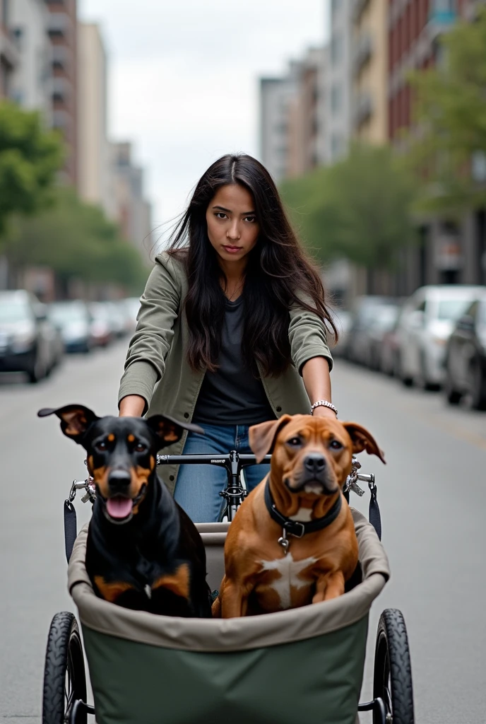 a realistic photo of Maria Jose Ramos Maldonado carrying two dogs up in the rear trailer of her bicycle: a black doberman dog with droopy ears and a brown pitbull Rednose droopy ears