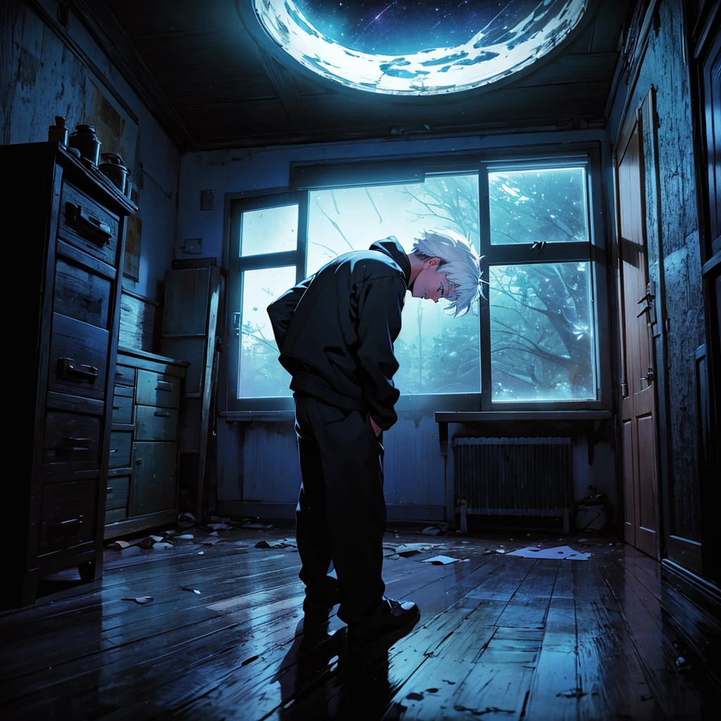 A teenage boy with a broken heart, in a room at night, white hair, looking out the window at the night sky.