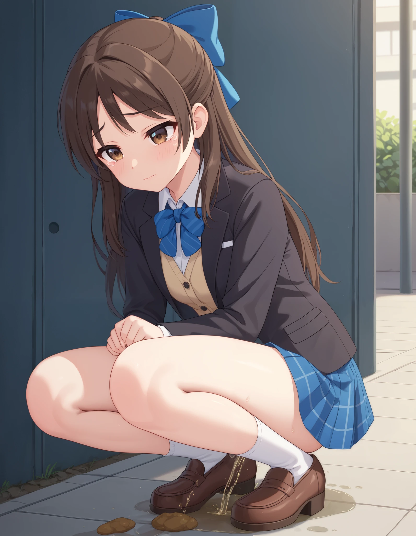 best quality,masterpiece,   4k, best quality 
1girl, solo,tachibana arisu, brown hair, brown eyes, long hair, blue hair ribbon, bang, dark brown blazer, tan color vest , white collared shirt, blue bowtie, blue plaid skirt, opened jacket, white socks, brown shoes,hair bow, sad, crying, Outdoor, squatting, (her defecation accident), ((her fecal leakage accident), shitting, poop, pee, peeing self, wetting, wetting self, have to pee, pee stain, in skirt has pee stain,(girl leaking pee), (Peeing self), have to pee, she peeing to much,(girl is peeing self:1.0) ((pee stain)),puddle of pee at your feet