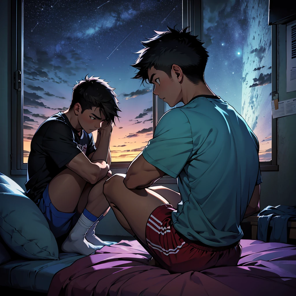 A  boy with a broken heart, in a room at night, in sports attire, sitting on his bed, looking out the window at the night sky.