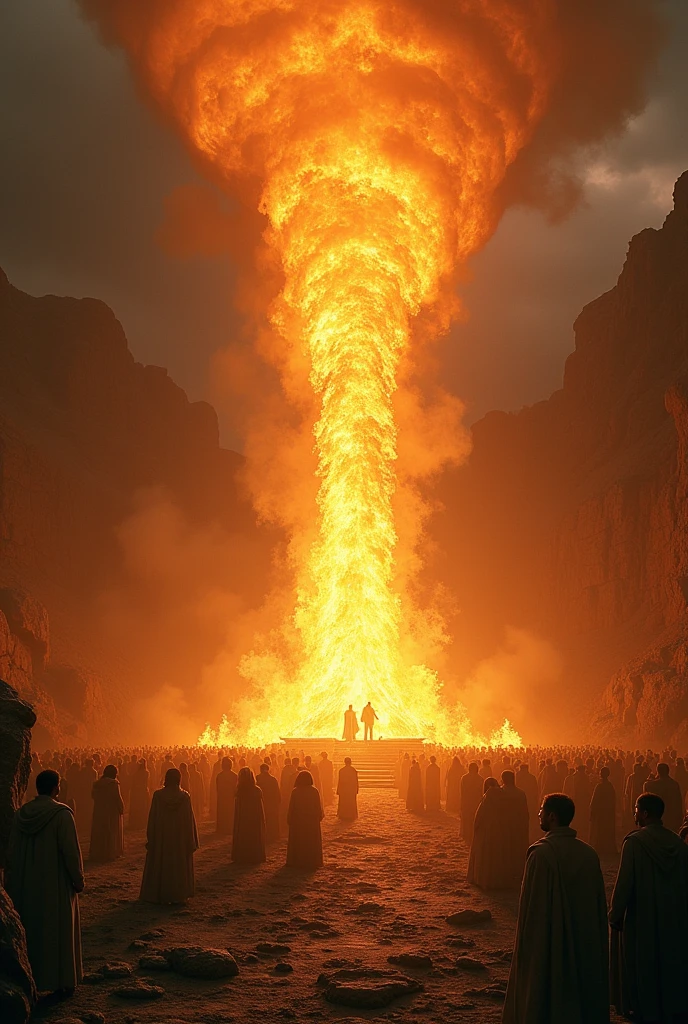 a close up of a fire in the middle of a field, holy flame spell, apocalyptic tumultuous sea, epic biblical depiction, energy flows of water and fire, charybdis, scylla and charybdis, moses, burning water, rising from ocean, by Alexander Scott, biblical epic movie, cataclysm, fire and water, portal to hell