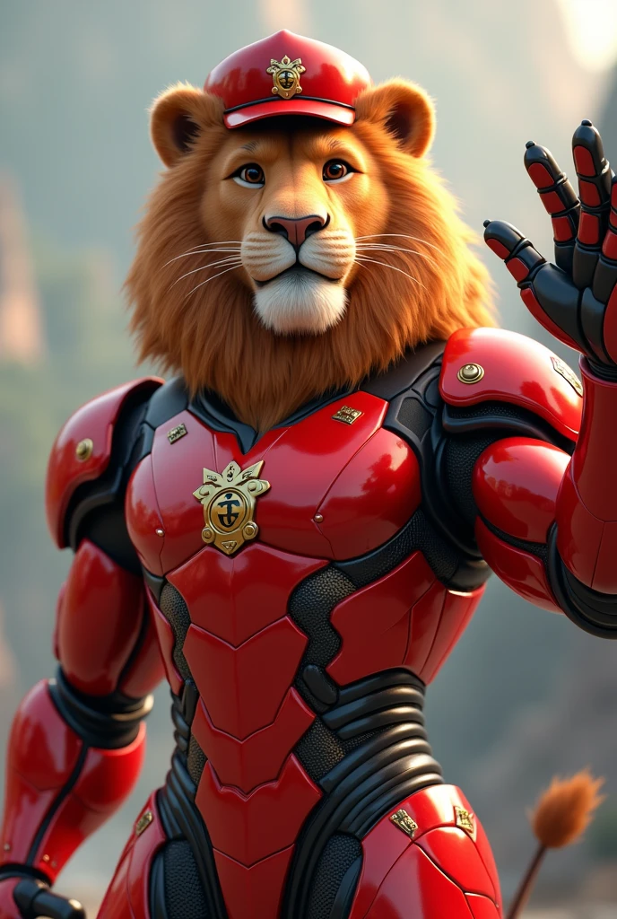 Dessa forma, the mascot of Esporte Clube Vitória will be represented by a male lion wearing black armor with red details. He will have the appearance of a furious and determined man, com uma juba volumosa. Ao fundo, will be the (football stadium), destacando a logomarca "Omega" com gramado verde e um raio caindo do ceu.