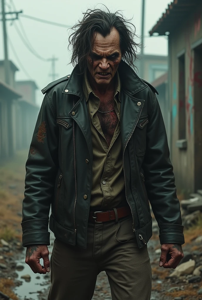 A robust, larger-than-normal zombie with a dark, pulsing aura around it. Its extremities have sharp claws, and its eyes shine brightly. Traces of torn clothing indicate that he was once a human leader before becoming a zombie.